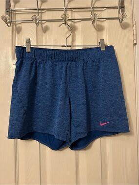 Nike Women's Heather Royal Blue Athletic Shorts with Pink Swoosh